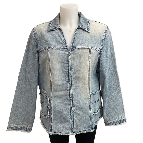 DANA BUCHMAN Women’s Full Zip Acid washed Denim‎ Jacket, fringe hems sz 16 - Picture 1 of 9